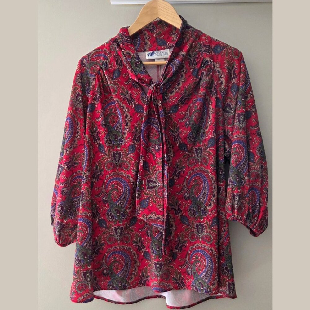 Vintage Neck Bow Long Sleeve Paisley Blouse red satiny